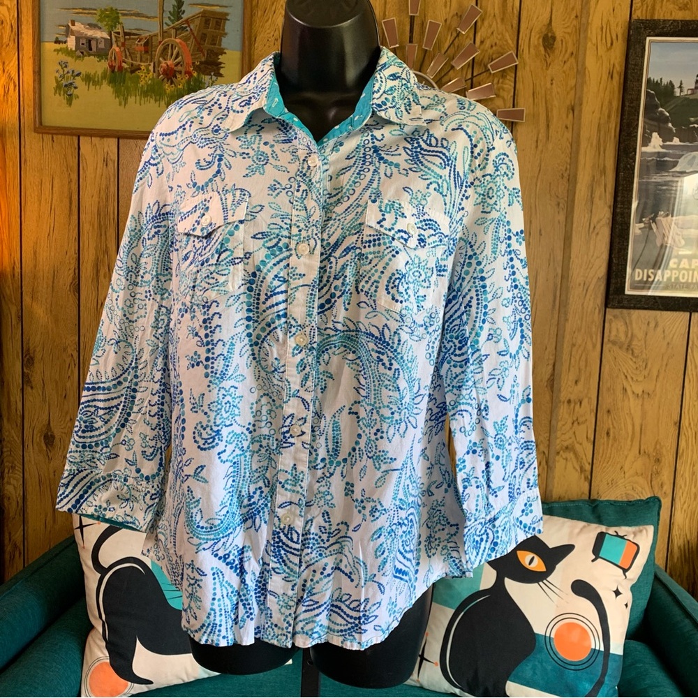 Jones New York Teal and White Polka Dot Shirt